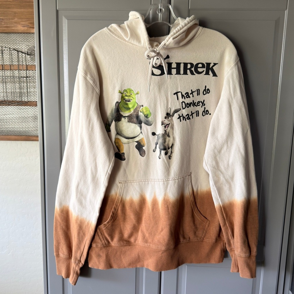 DreamWorks Men's Y2K Shrek Graphic Dip Dye Hoodie Sweatshirt, Cream, M